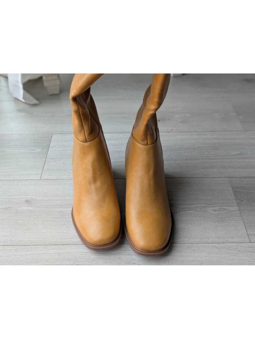 Aiuniind Tan Camel Square Toe Chunky Heel Knee High Boots 9.5